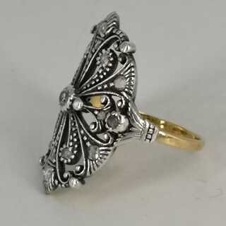 Rare Art Nouveau womens ring with diamond roses in gold and silver