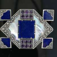 Art Deco brooch in silver with lapis lazuli and mother-of-pearl