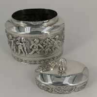 Enchanting Art Nouveau tea tin in silver with putti