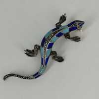 Magnificent Art Deco lizard brooch in silver with enamel and marcasites
