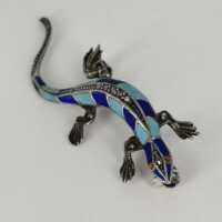 Magnificent Art Deco lizard brooch in silver with enamel and marcasites