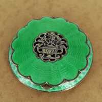 Art Nouveau powder compact in silver with guilloche enamel in shades of green