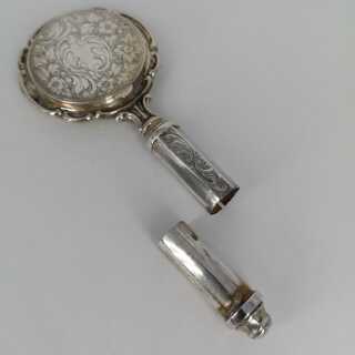 Art Nouveau hand mirror with powder compact and lipstick in silver