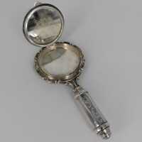 Art Nouveau hand mirror with powder compact and lipstick in silver