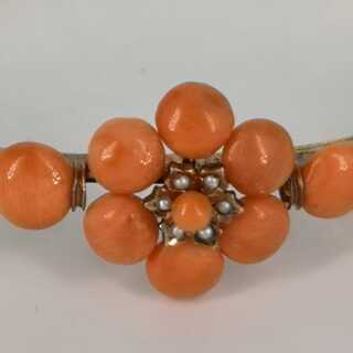 Antique Biedermeier bangle gold-plated with Mediterranean corals and oriental pearls