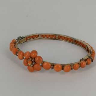Antique Biedermeier bangle gold-plated with Mediterranean corals and oriental pearls
