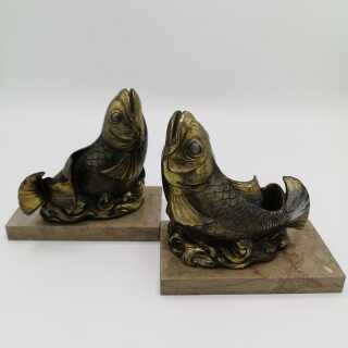 Pair of bookends with fish made of zamak on a marble base
