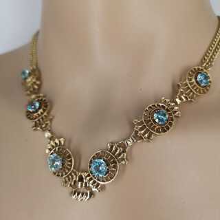 Magnificent flower necklace in 585 / - gold set with blue topaz from around 1870