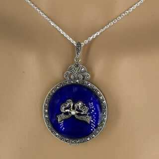 Pretty ladies photo medallion in 925 silver with blue enamel and marcasites