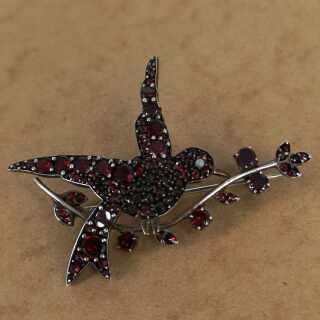 Antique bird brooch with red bohemian garnet stones and opal
