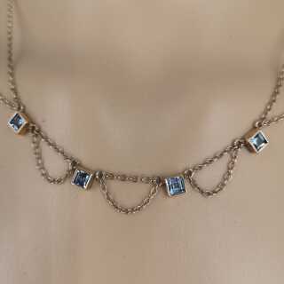 Decorative Art Deco necklace in rose gold-plated silver and blue topaz