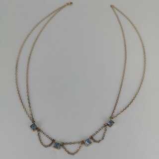 Decorative Art Deco necklace in rose gold-plated silver and blue topaz