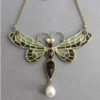 Collier mit Granatsteinen und Perlen in Form eines Schmetterlings oder Libelle