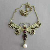 Collier mit Granatsteinen und Perlen in Form eines Schmetterlings oder Libelle