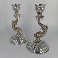 Pair of dolphin candlesticks in solid silver from Spain
