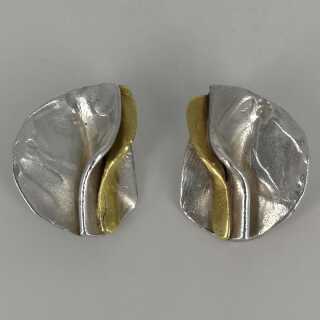 Modernist abstract womens clip-on earrings in silver and gold