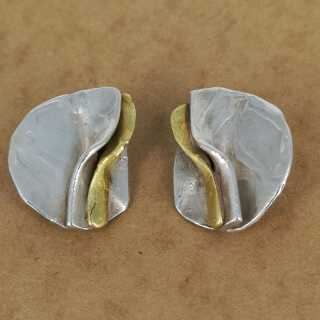 Modernist abstract womens clip-on earrings in silver and gold