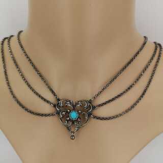 Antique costume necklace in silver with natural turquoise around 1930