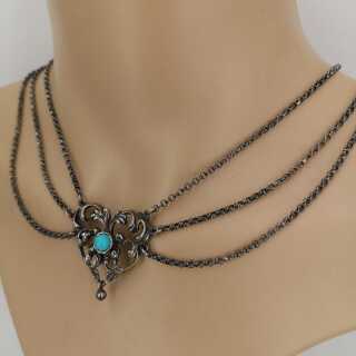 Antique costume necklace in silver with natural turquoise around 1930
