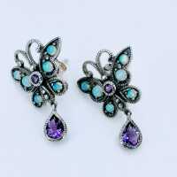 Romantic ear studs in silver with amethysts and opals