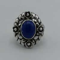 Antique Art Nouveau Ring in Silver with Roses and Large Lapis Lazuli Cabochon