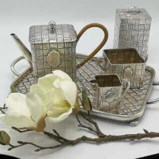 Museal Tea Set from the Early Art Nouveau in Solid Silver