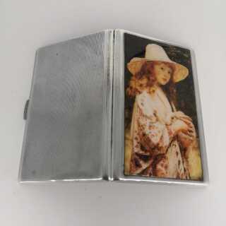 Enamelled cigarette case in silver with beautiful art nouveau motif 