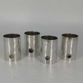 4 Art Deco Sterling Silver Shot Mugs with Natural Tourmalines