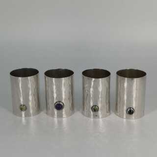 4 Art Deco Sterling Silver Shot Mugs with Natural Tourmalines