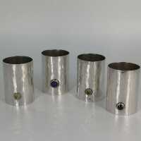 4 Art Deco Sterling Silver Shot Mugs with Natural...
