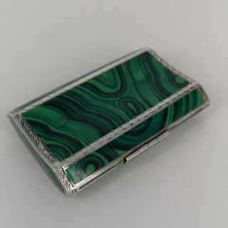 Antique Tabatiere circa 1880 in Silver and Malachite Enamel Painting