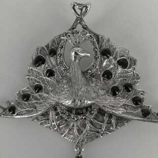 Peacock brooch or pendant in silver with onyx and enamel