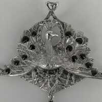 Peacock brooch or pendant in silver with onyx and enamel