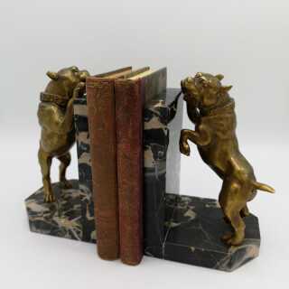 Schwere detailreiche Buchstützen aus dem Jugendstil in Bronze und Marmor