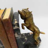 Schwere detailreiche Buchstützen aus dem Jugendstil in Bronze und Marmor