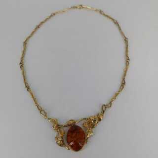 Vintage floral necklace with amber in gold plated silver