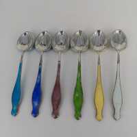 Set of enamelled mocha spoons in silver with original...