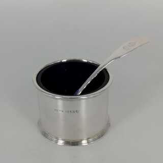 Small solid silver mustard pot with cobalt blue glass insert and spoon