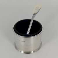 Small solid silver mustard pot with cobalt blue glass insert and spoon