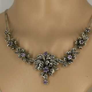 Lush floral art nouveau necklace with amethysts and marcasites