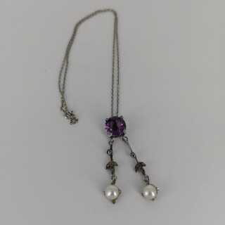 Art Nouveau Lavalier Necklace in Silver with Amethyst and Marcasites