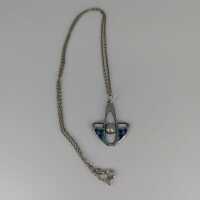 Art nouveau pendant in silver with enamel and mother-of-pearl and chain