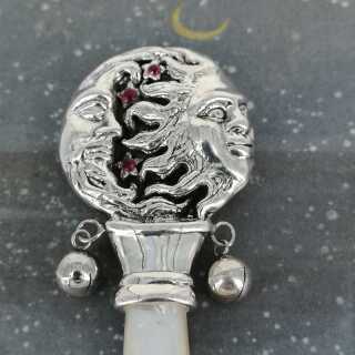 Baby Rattle in Silver with Pearl Handle Sun Moon and Stars