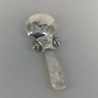 Baby Rattle in Silver with Pearl Handle Sun Moon and Stars