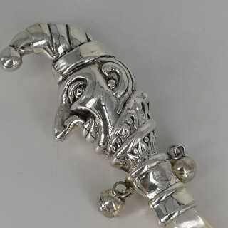 Punch and Judy childrens rattle in sterling silver and mother-of-pearl