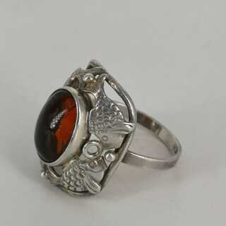Beautiful Silver Ring with Amber Handcrafted Fischland Baltic Jewellery