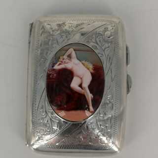 Art Nouveau Cigarette Case in Silver with Erotic Motif in Enamel