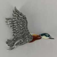 Vintage Wild Duck Brooch or Pendant in Silver with Trim