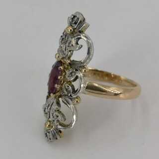 Antique Neo-Renaissance Ring in Gold and Silver with Ruby and Diamond Roses