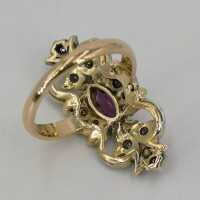 Antique Neo-Renaissance Ring in Gold and Silver with Ruby and Diamond Roses